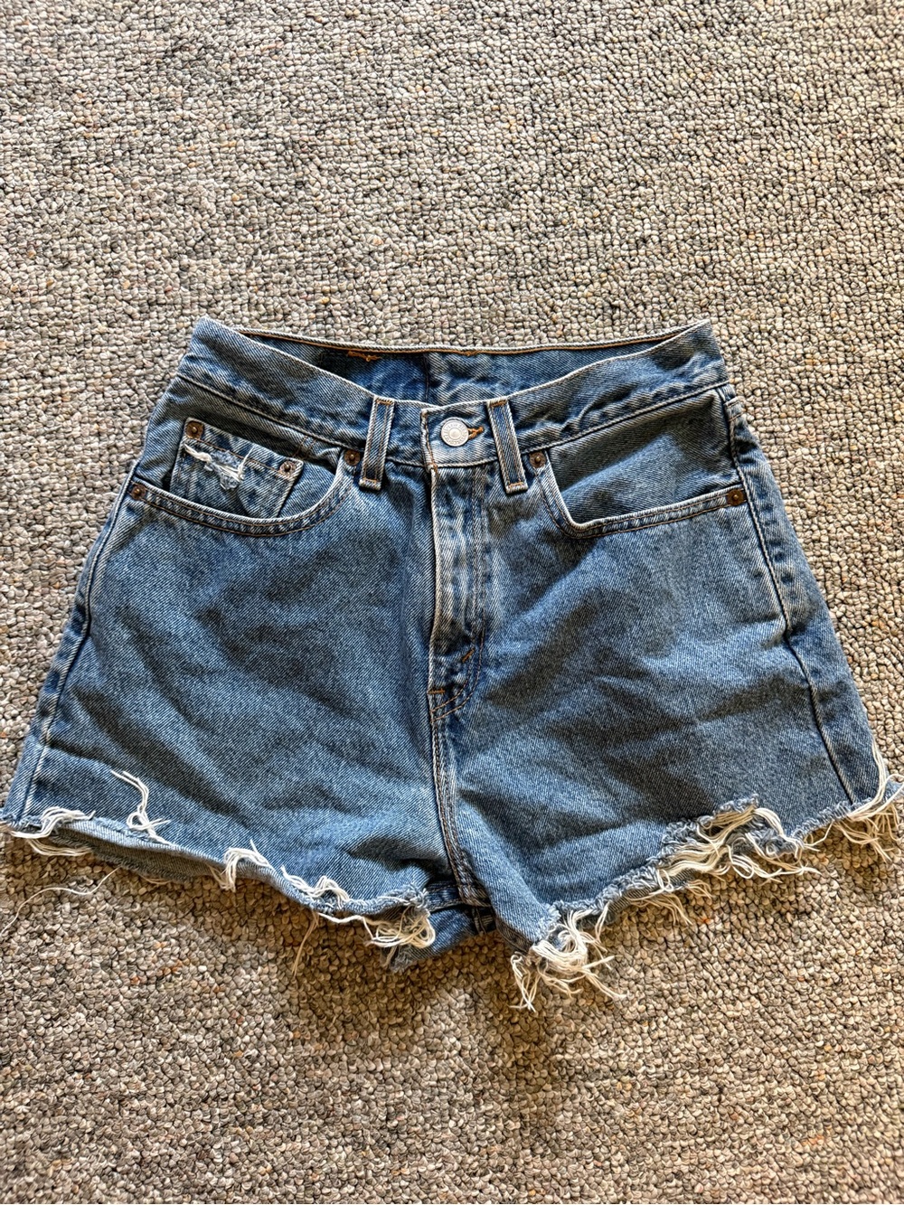 Levi's Medium Blue High-Rise Frayed Denim Shorts